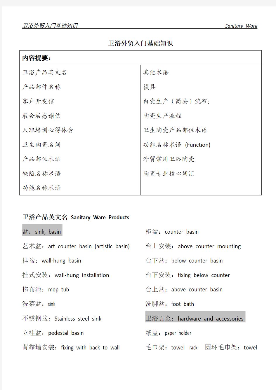 卫浴外贸入门基础知识