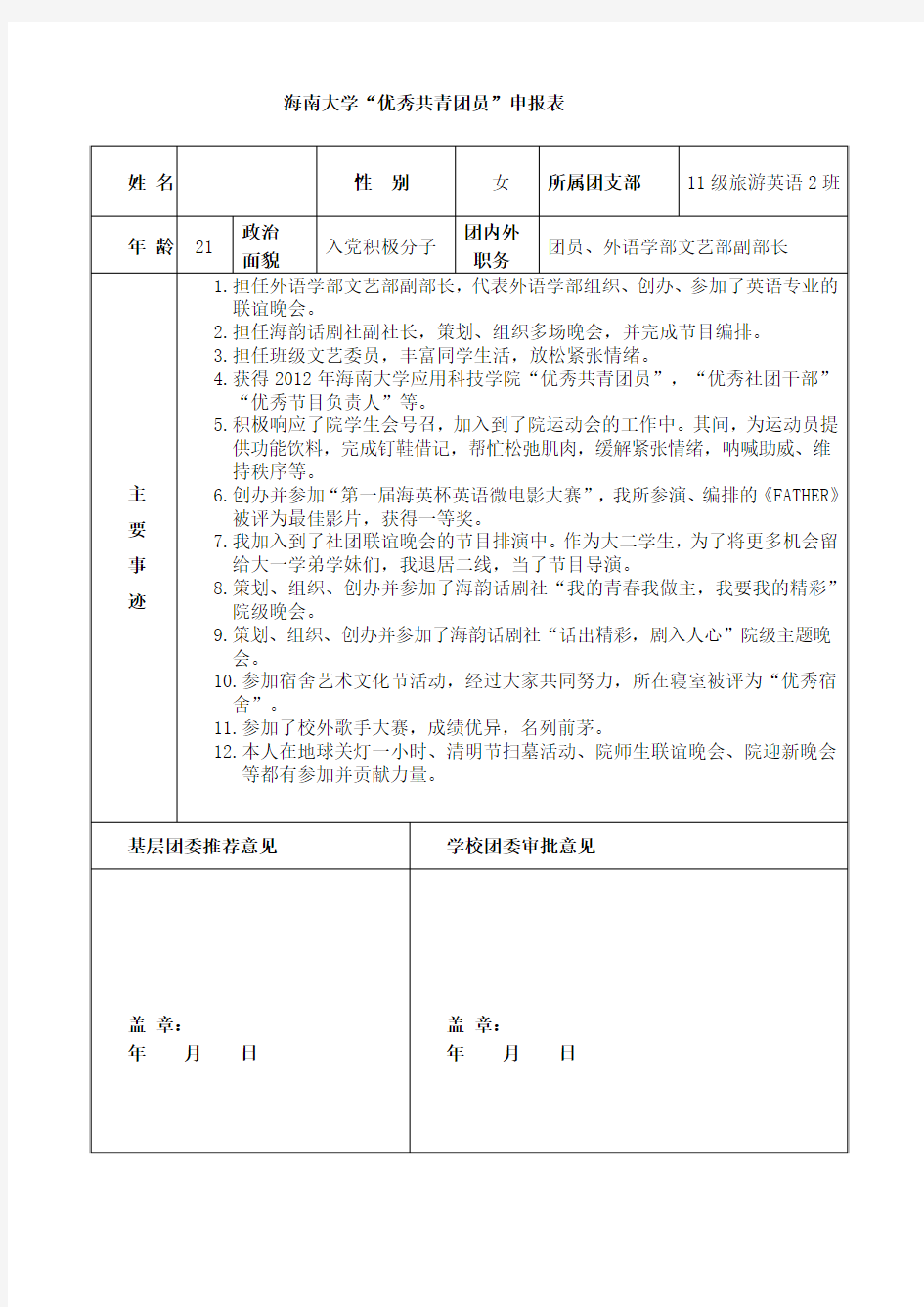 优秀共青团员申请表及个人事迹