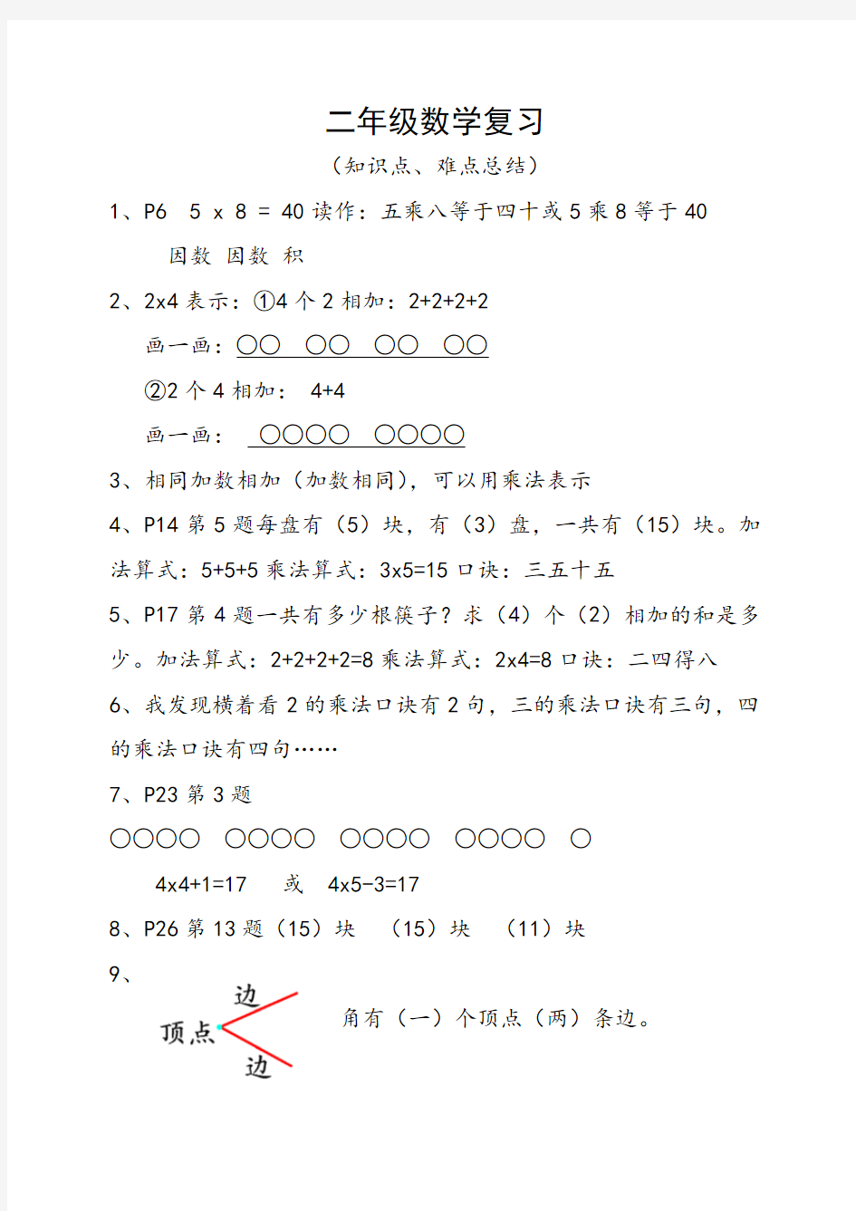 青岛版二年级数学上复习知识点