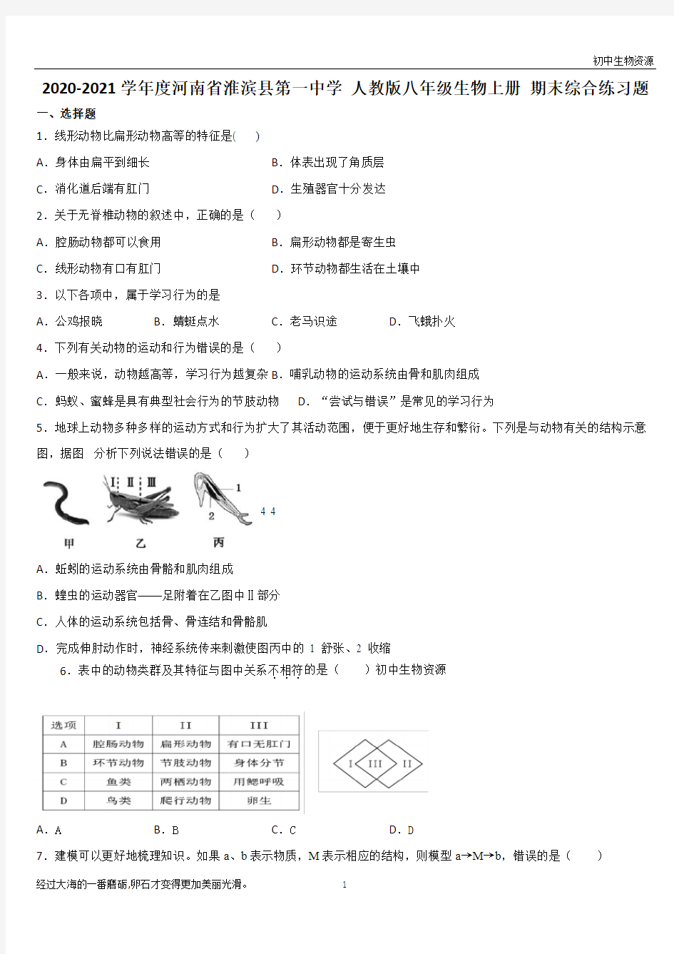 2020-2021学年度河南省淮滨县第一中学 人教版八年级生物上册 期末综合练习题