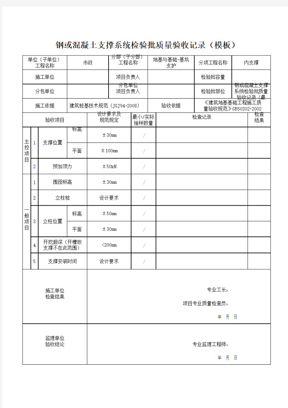 钢或混凝土支撑系统检验批质量验收记录(模板)