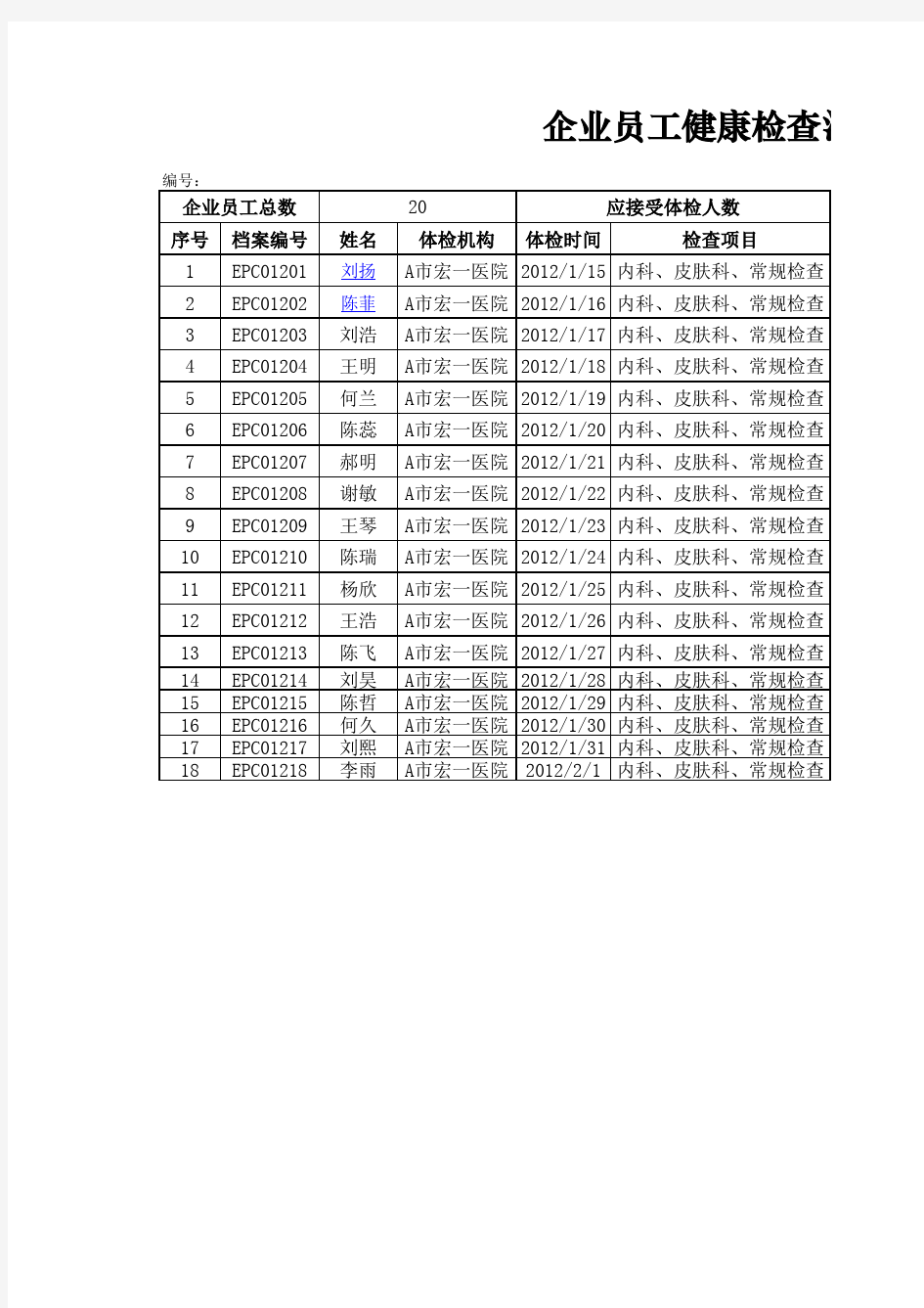 [Excel表格]企业员工健康检查汇总表