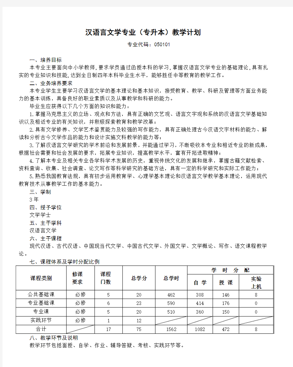 汉语言文学专业专升本教学计划