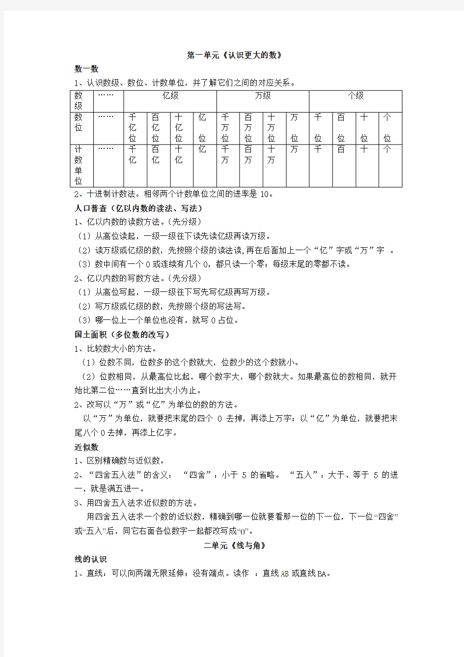 完整word版,北师大四年级数学上册各单元知识点