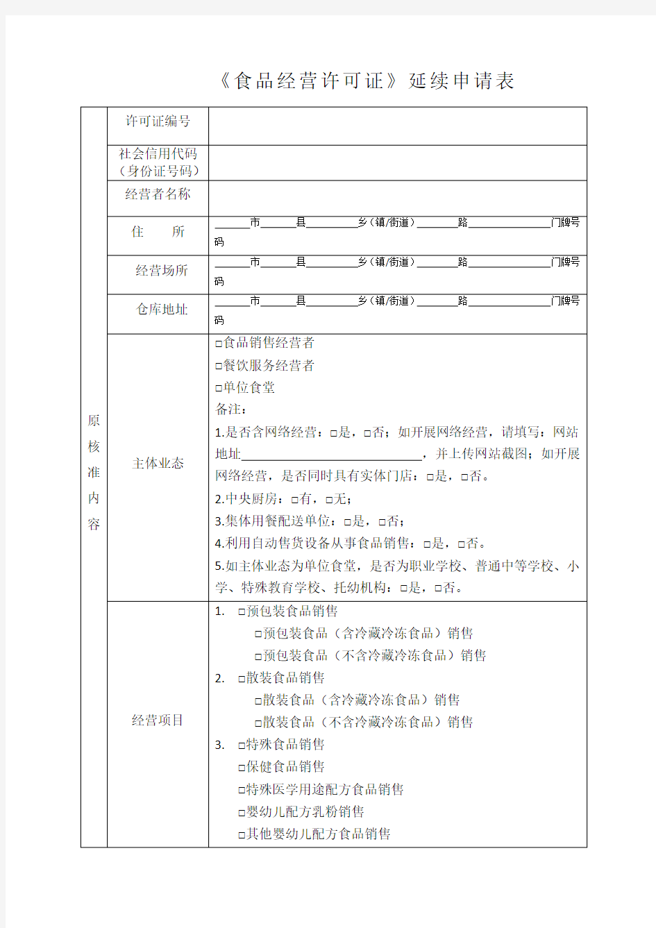 食品经营许可证延续申请书空白模板