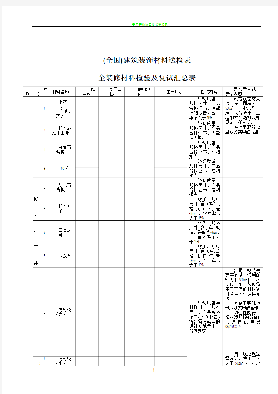 (全国)建筑装饰材料送检表