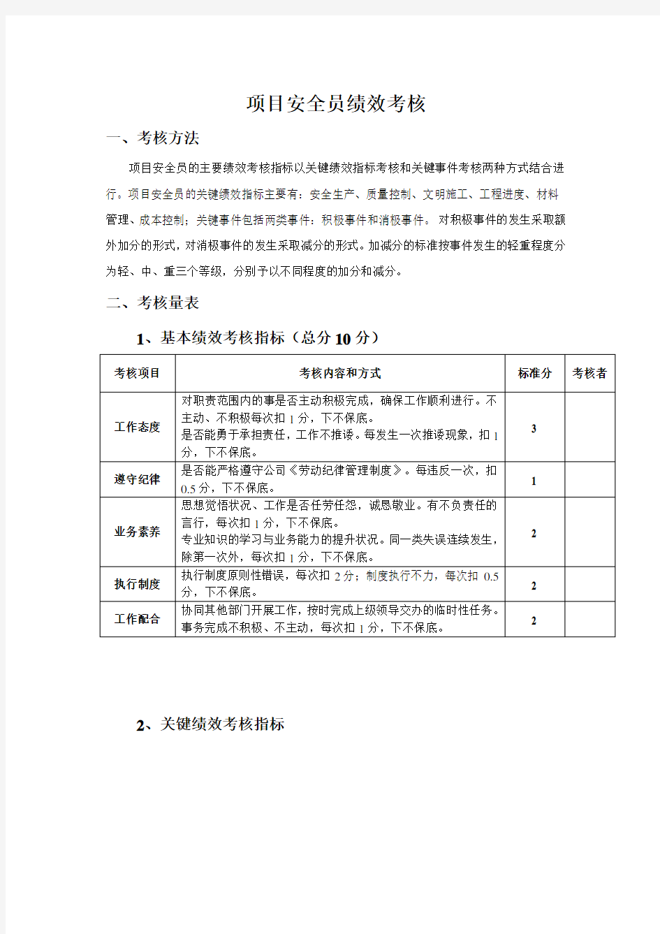 项目安全员绩效考核