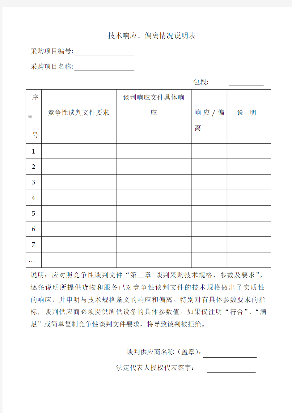 技术响应、偏离情况说明表