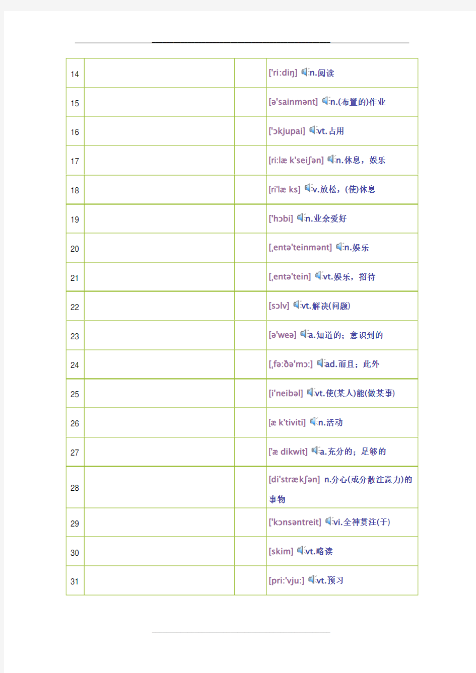 大学英语精读第一册单词词汇表