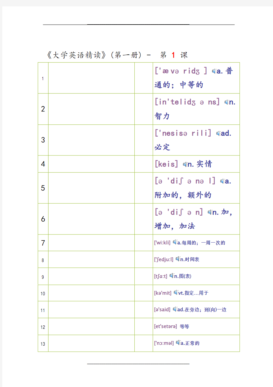 大学英语精读第一册单词词汇表