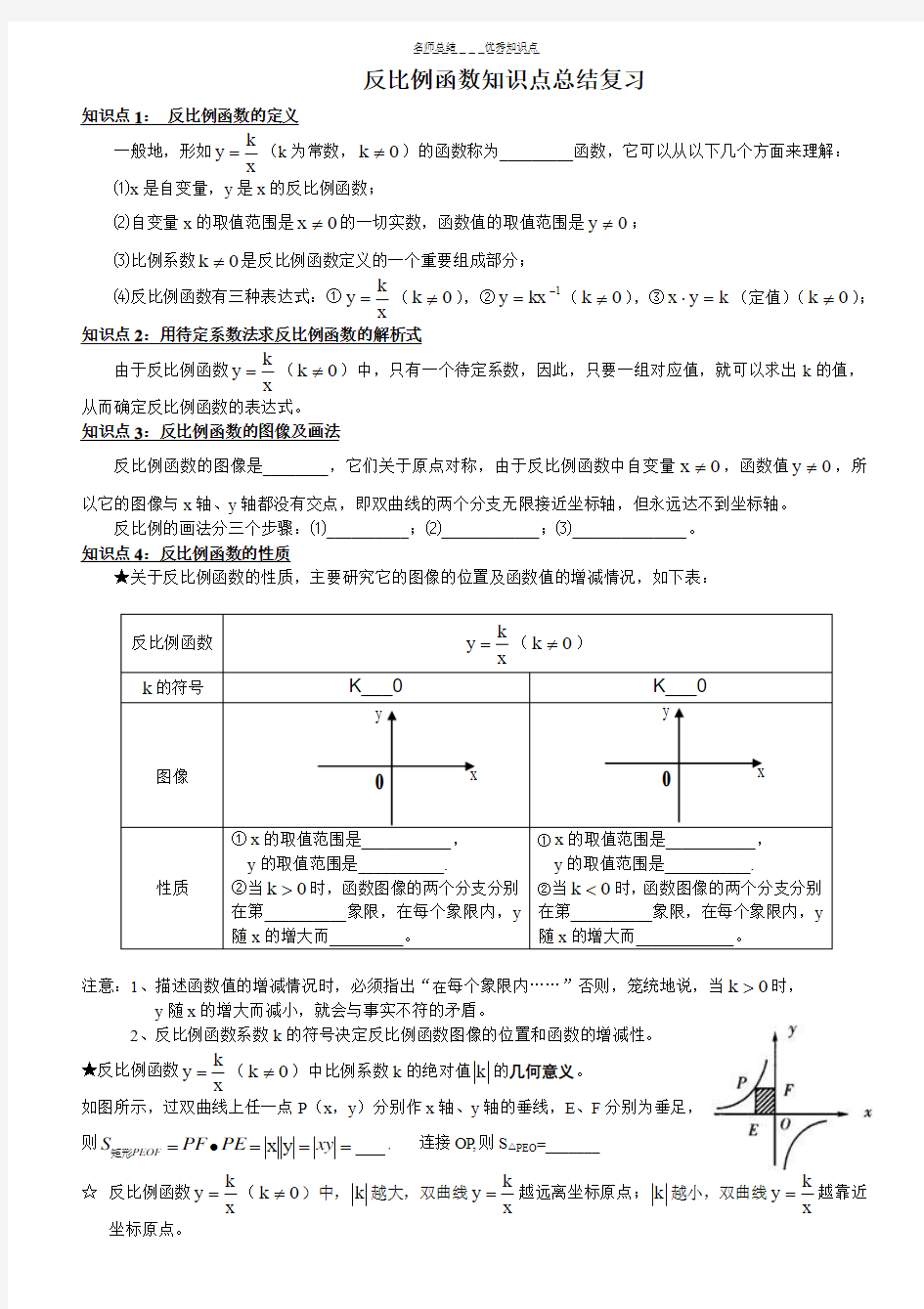 新北师大版九年级数学反比例函数知识点总结复习专题