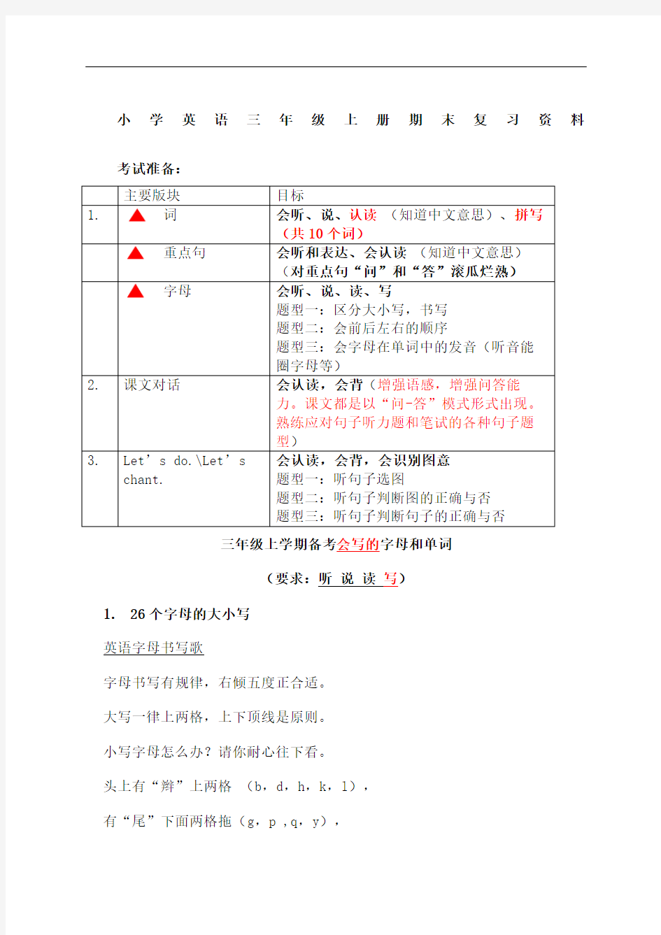 小学英语三年级上册期末复习资料