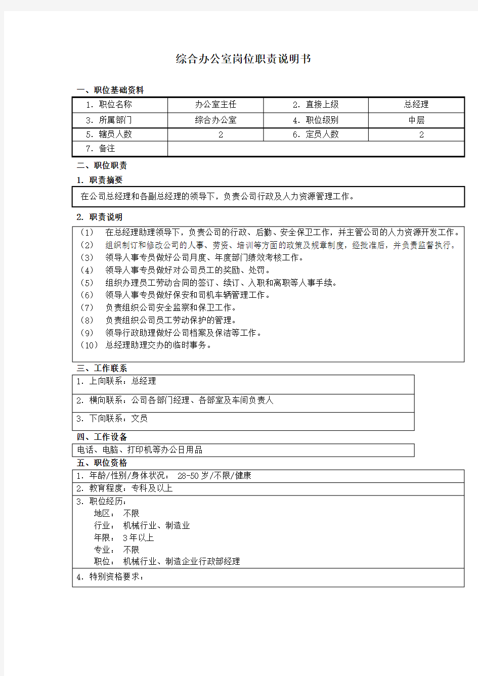 综合办公室岗位职责说明书