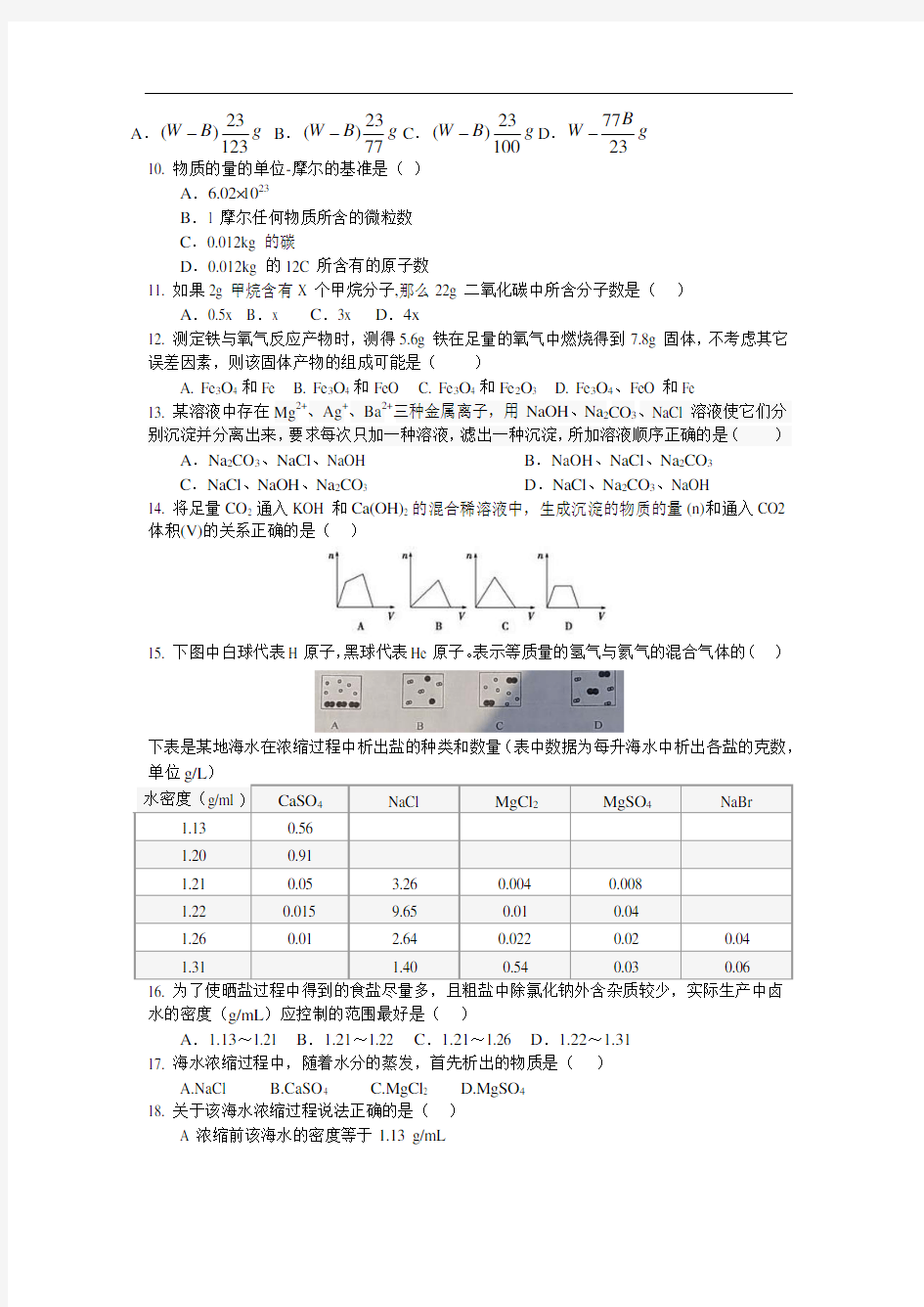 2018年上海市天原杯化学初赛试卷Word版含答案