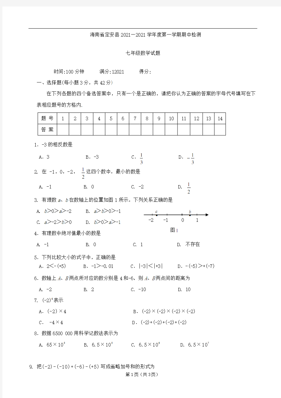2021年海南省定安县度第一学期期中检测人教版七年级数学试题