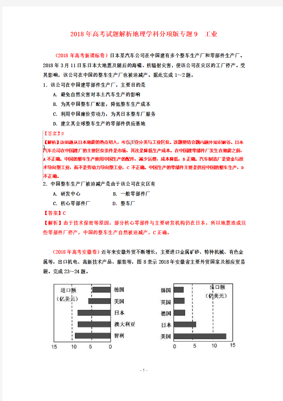 2018年高考地理试题解析分项版之 专题9 工业