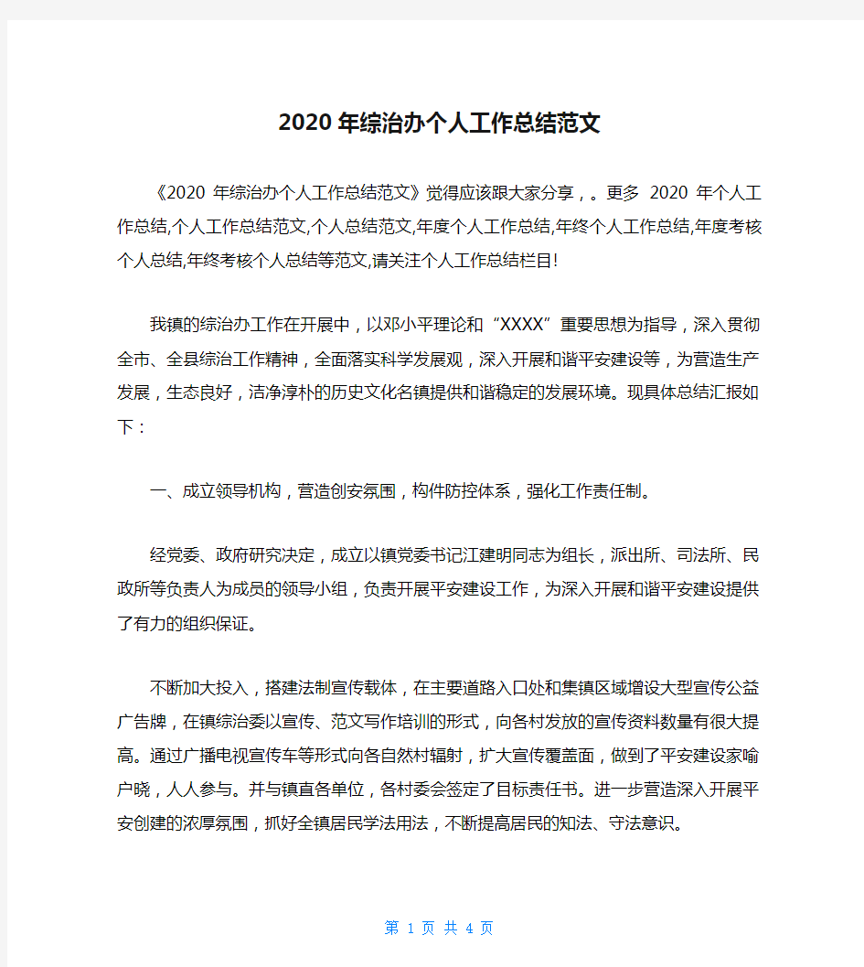 2020年综治办个人工作总结范文