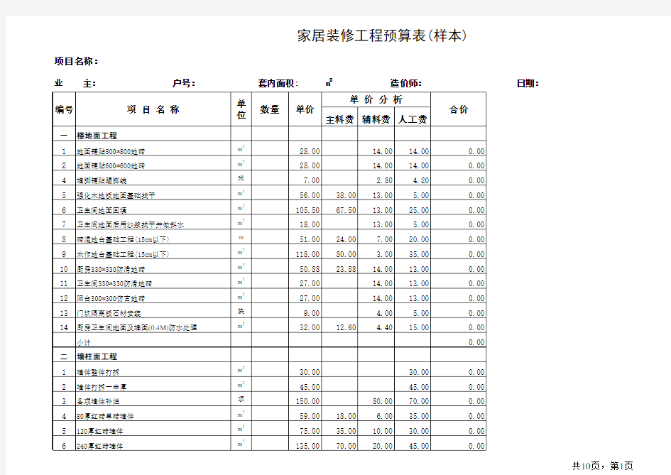 室内装饰工程预算表