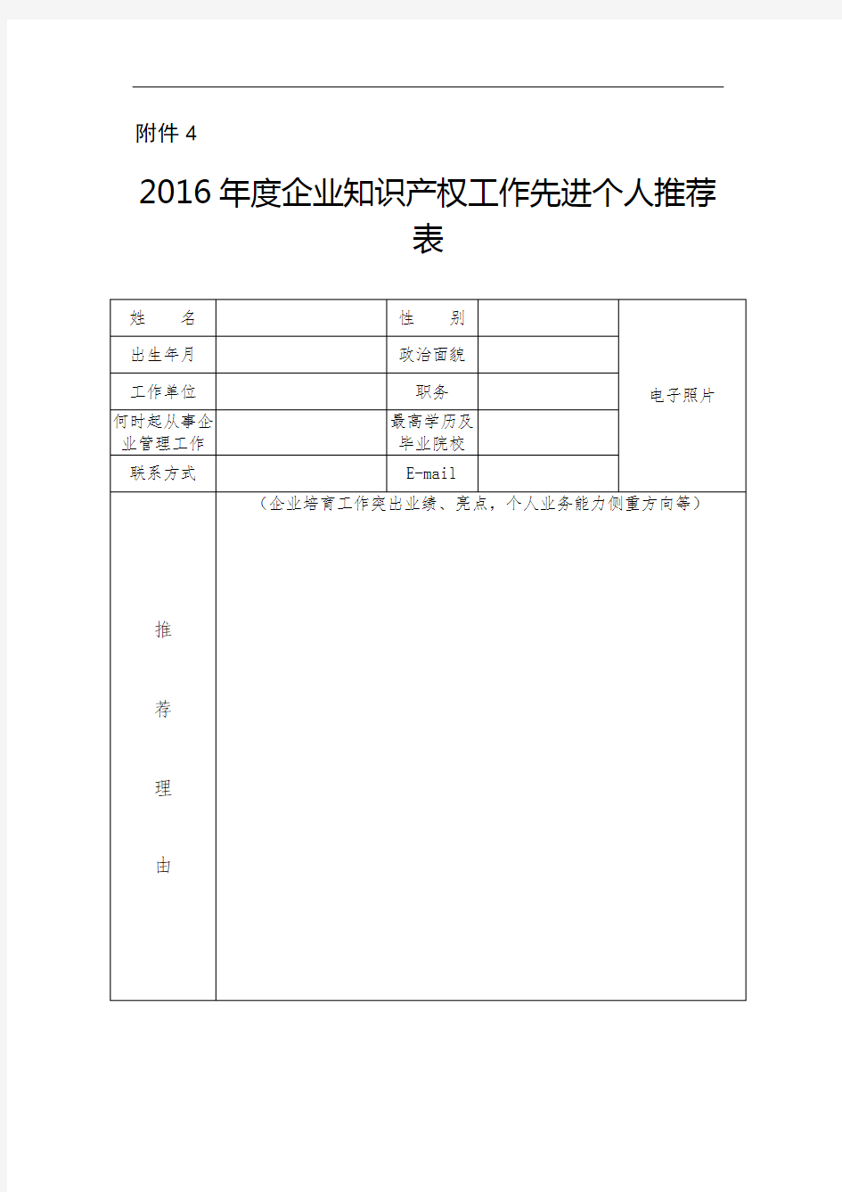 2016年度企业知识产权工作先进个人推荐表【模板】