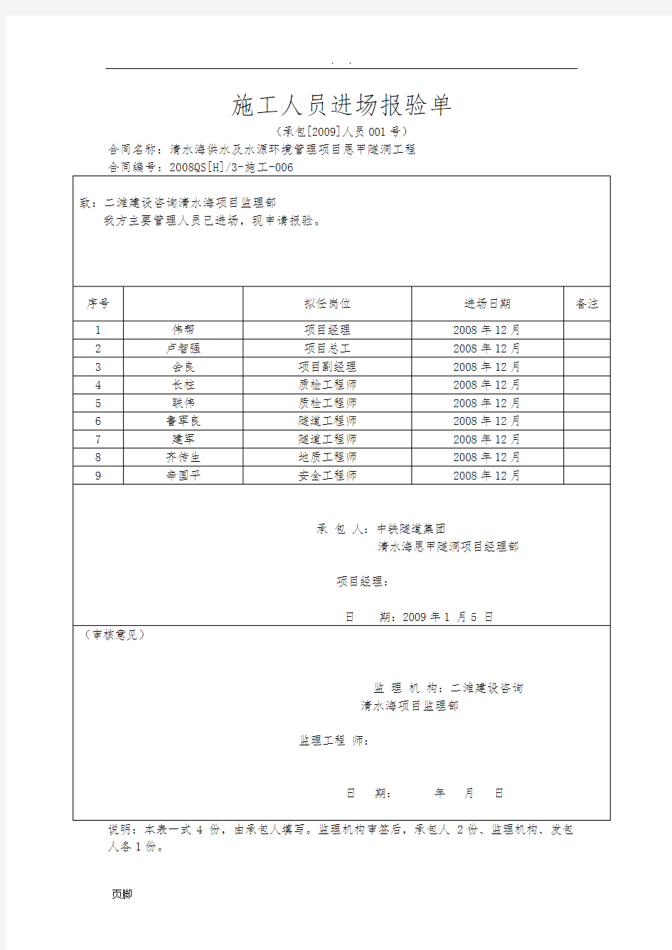 人员进场报验单