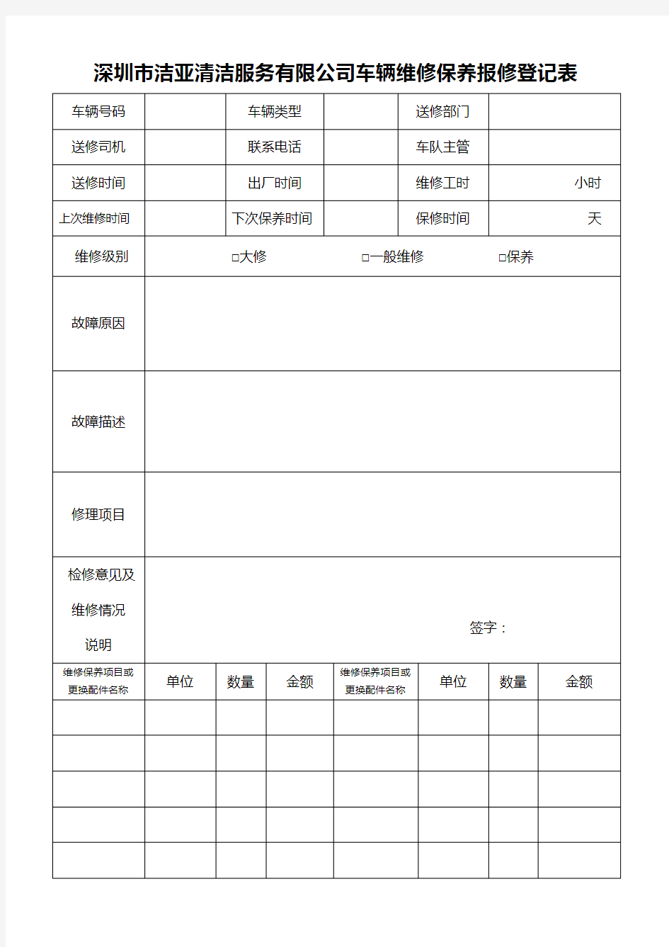 车辆维修保养登记表(1)