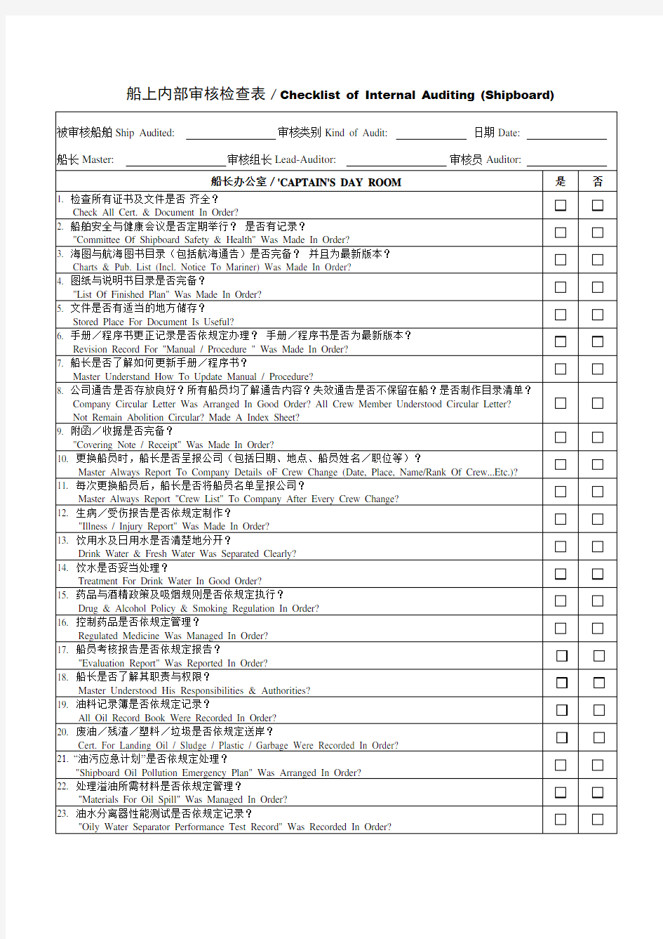 船上内部审核检查表