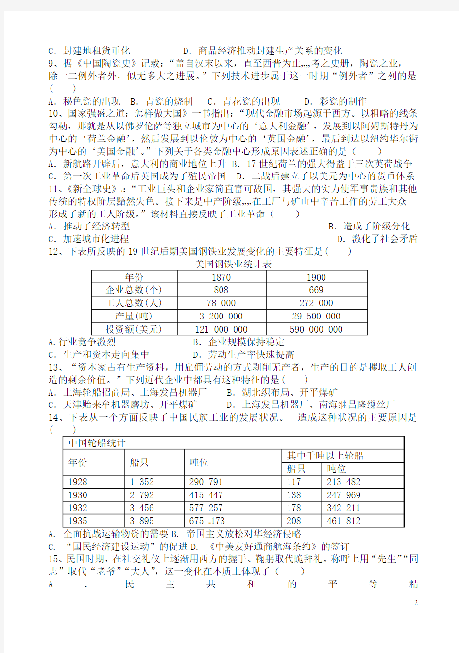 辽宁省大连市第二十高级中学2014-2015学年高二历史下学期期末考试试题