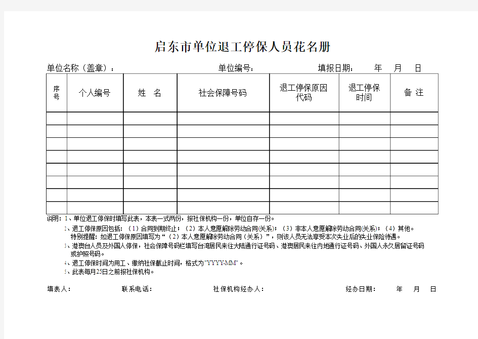 启东市单位退工停保人员花名册