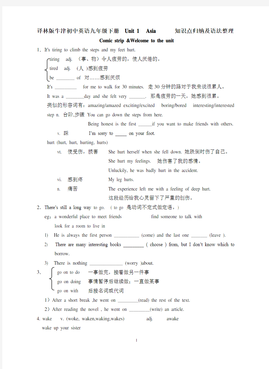 译林版牛津初中英语九年级下册  Unit 1  Asia      知识点归纳及语法整理