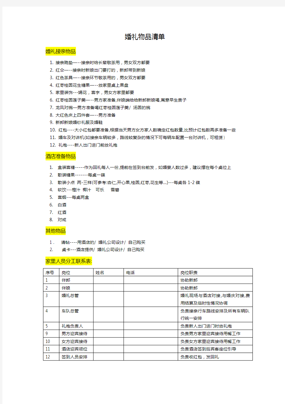 婚礼物品准备清单