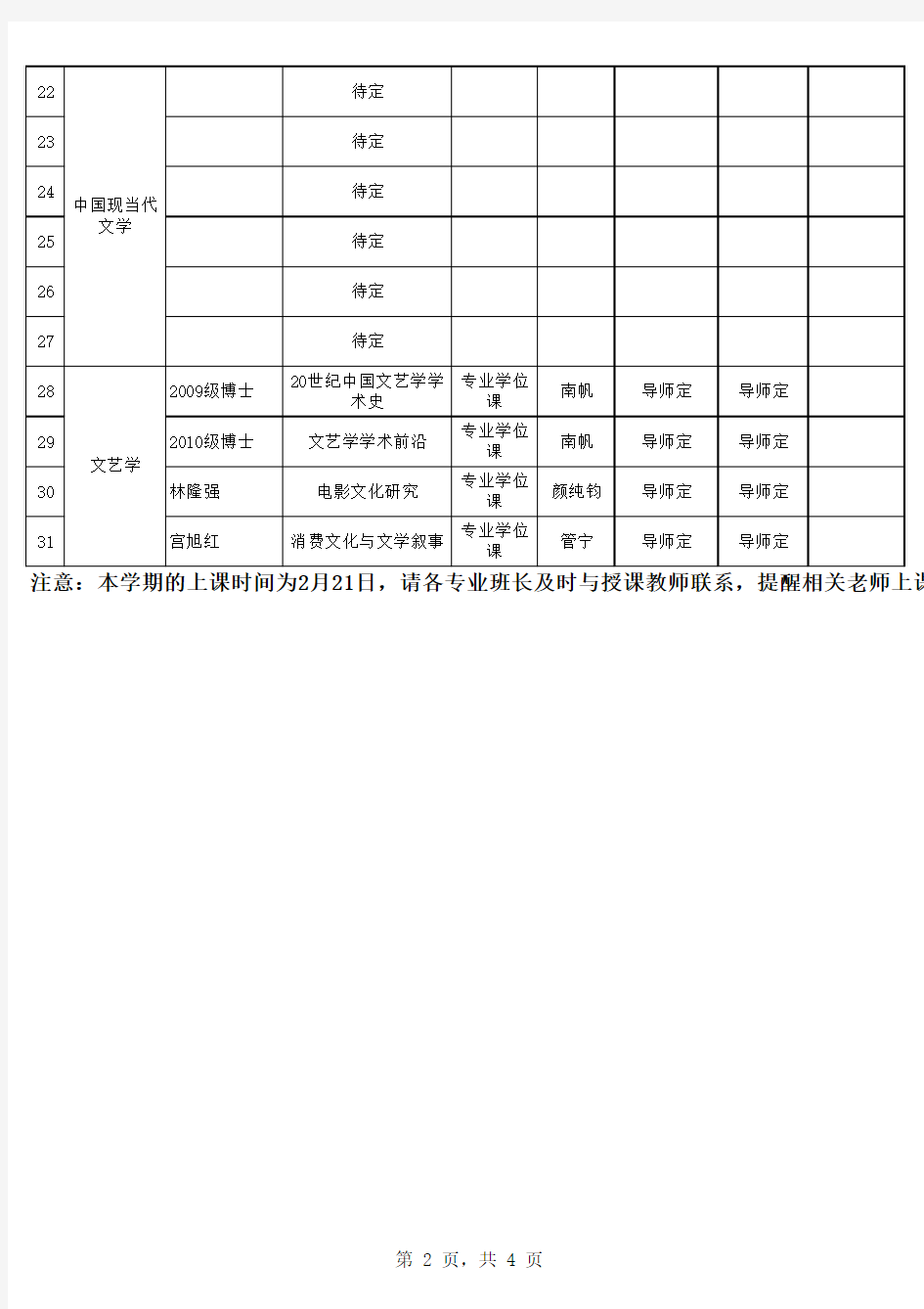 福师大文学院2010-2011学年第二学期研究生课程表