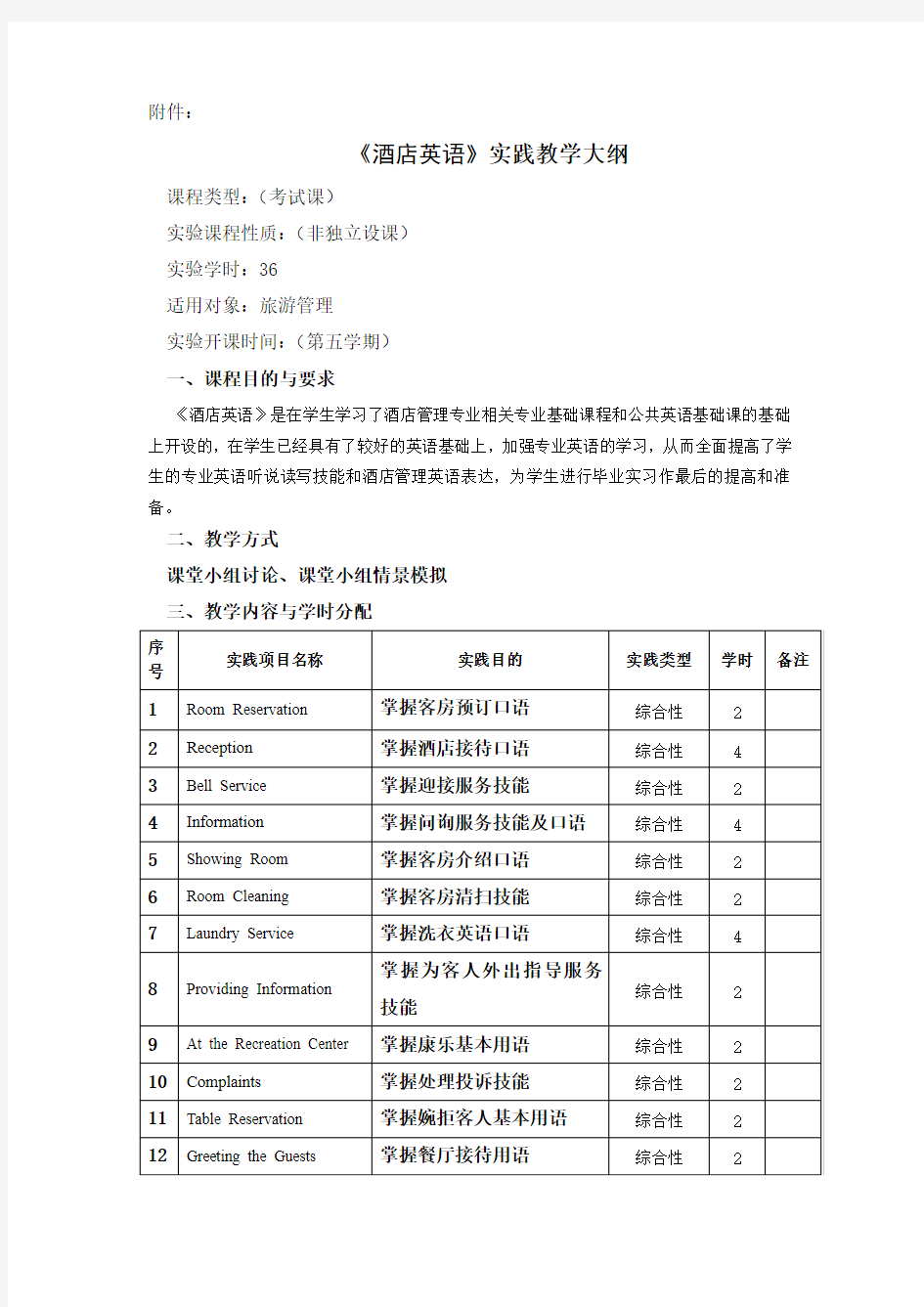 酒店英语实践教学大纲