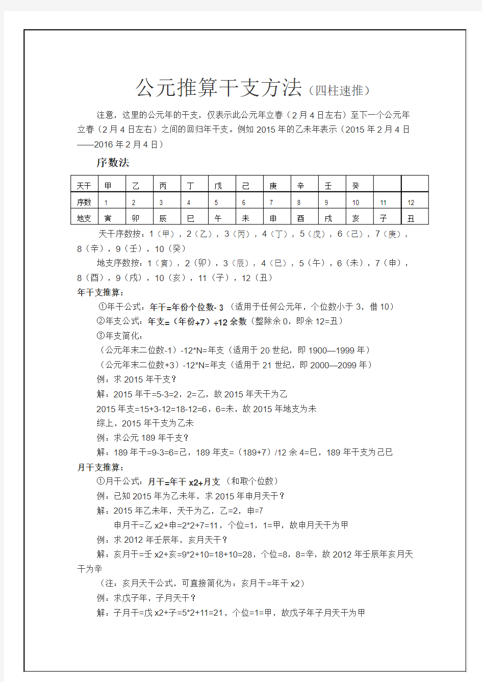 公元推算干支方法(四柱速推)