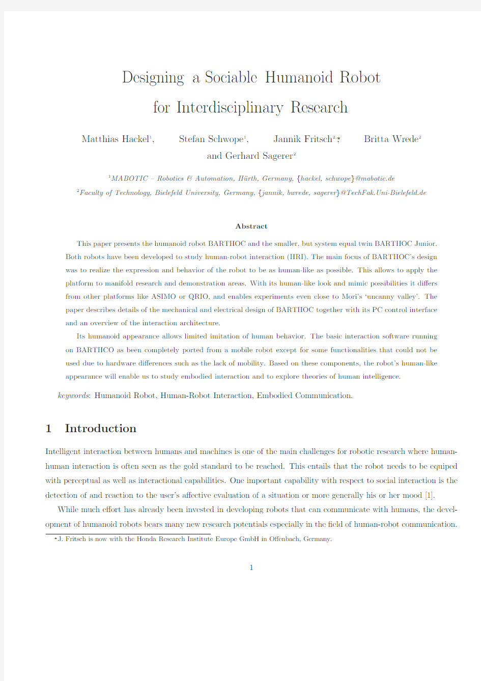 Designing a Sociable Humanoid Robot for Interdisciplinary Research