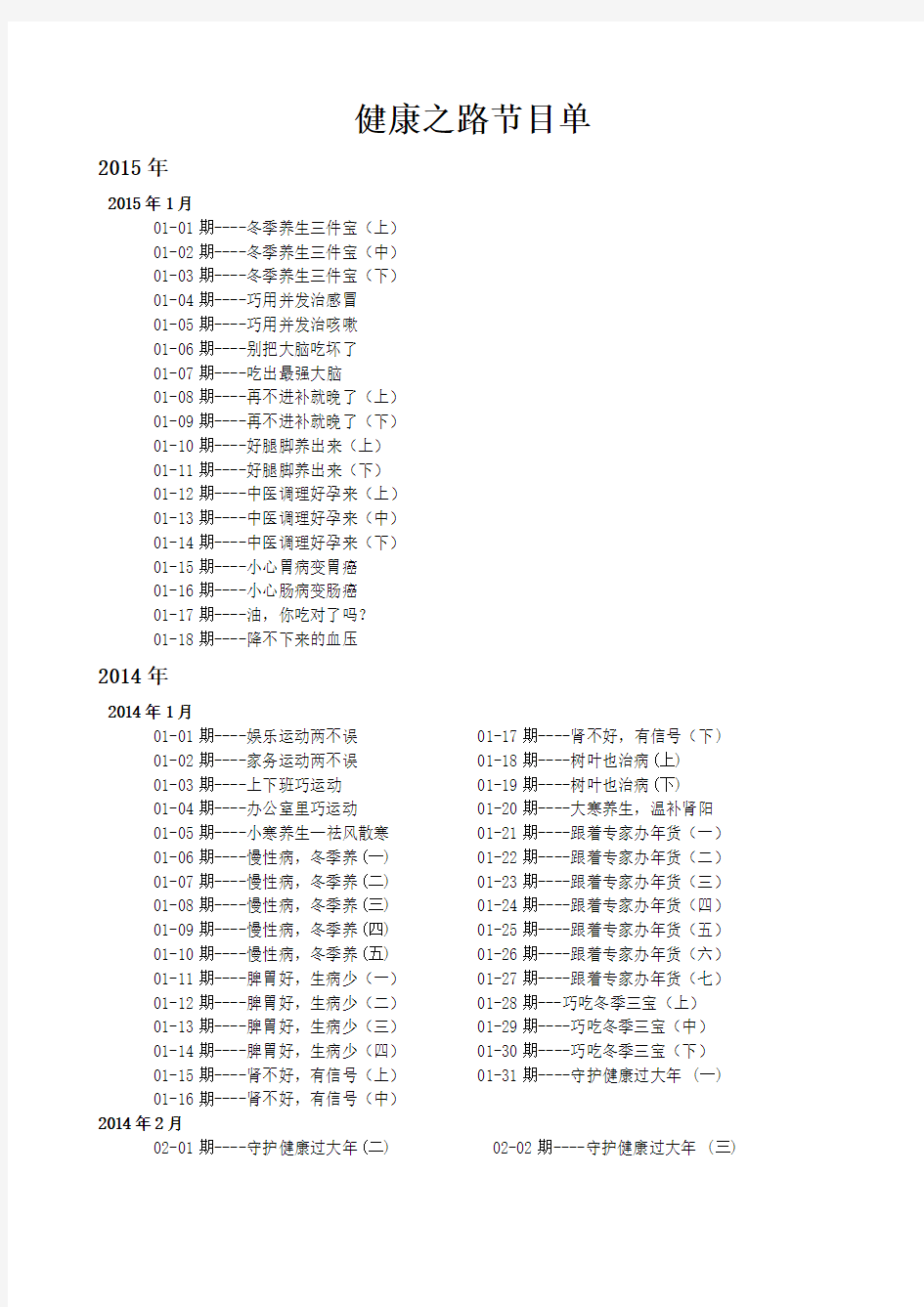 健康之路节目单2011.0101—2015.0118