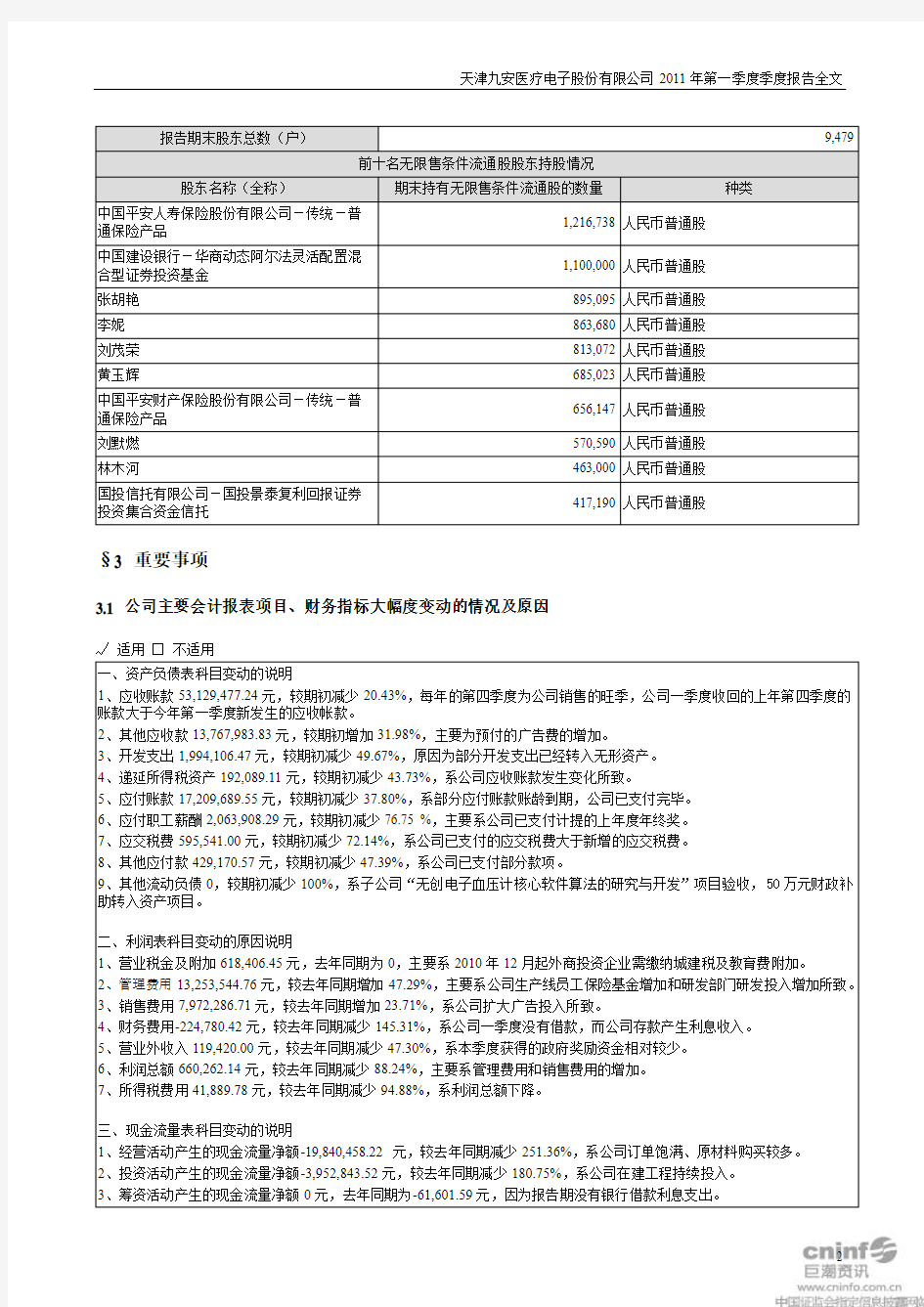 九安医疗：2011年第一季度报告全文
 2011-04-30