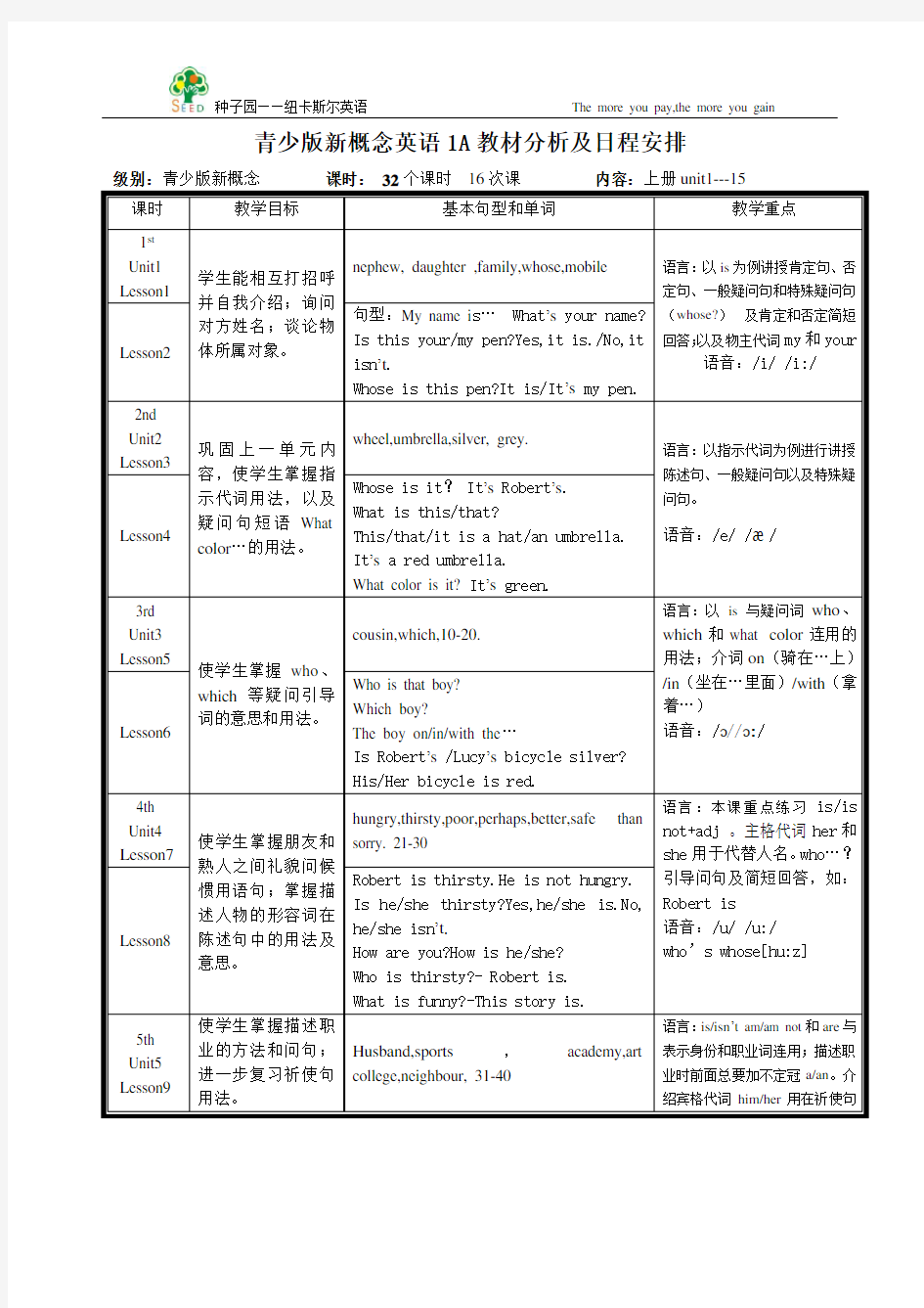 青少版新概念英语1A教学计划及日程安排