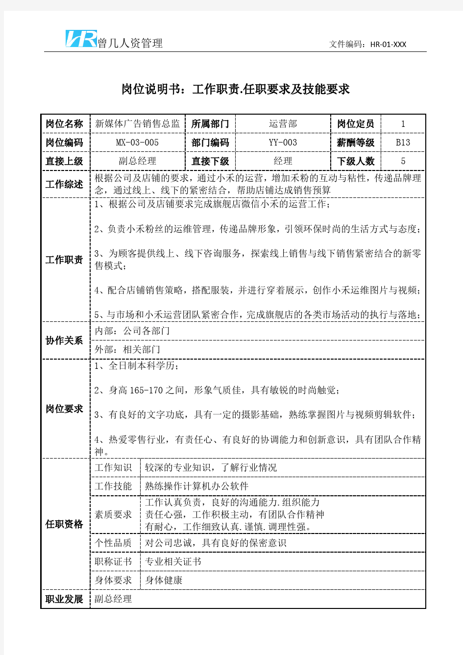 新媒体广告销售总监工作职责岗位说明书和任职要求