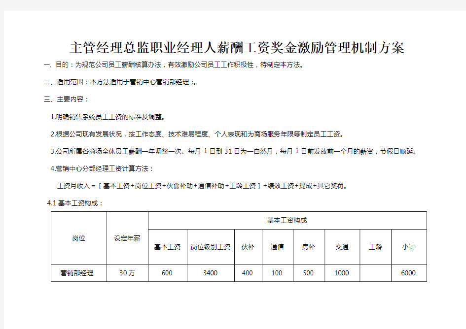 主管经理总监职业经理人薪酬工资奖金激励管理机制方案