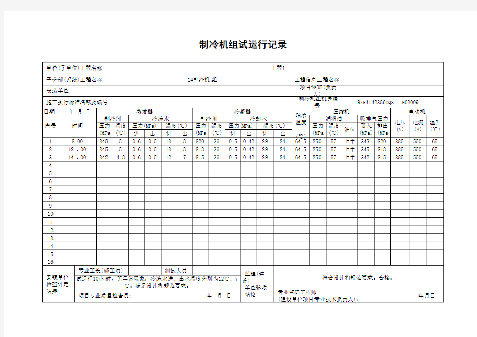 制冷机组试运行记录(最新版)