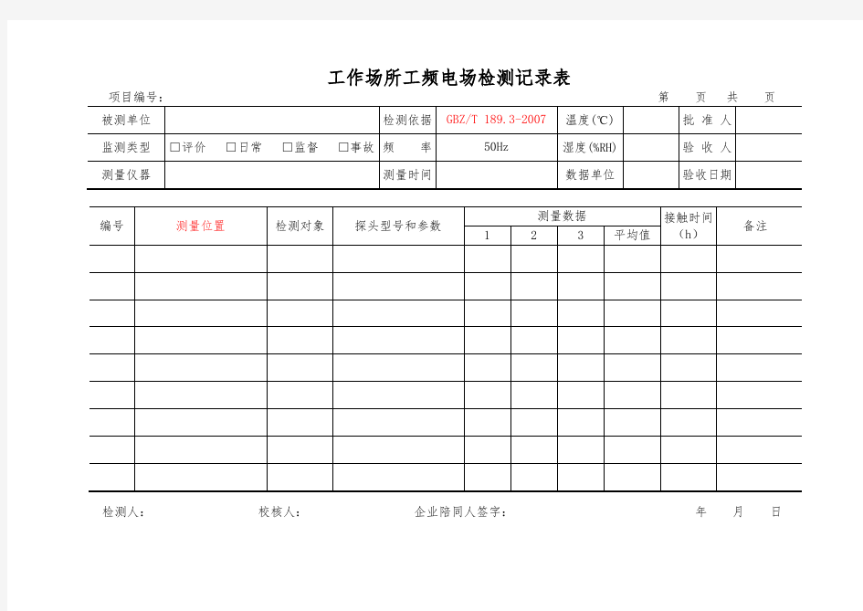 工作场所工频电场检测原始记录表