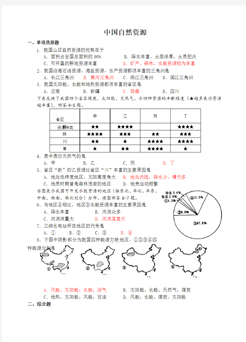 中国自然资源单元练习题(附答案)