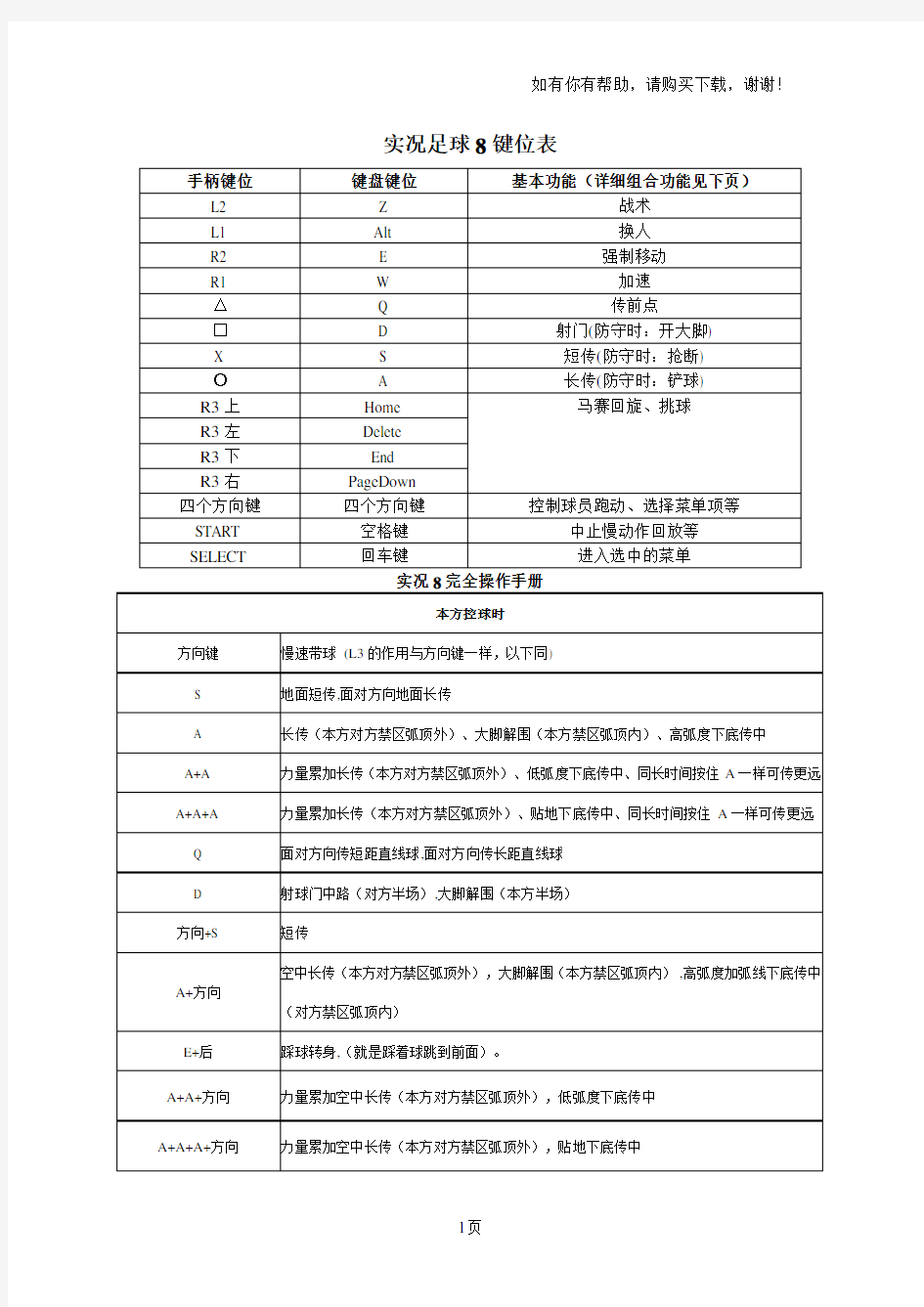 实况足球8键位表及完全操作手册