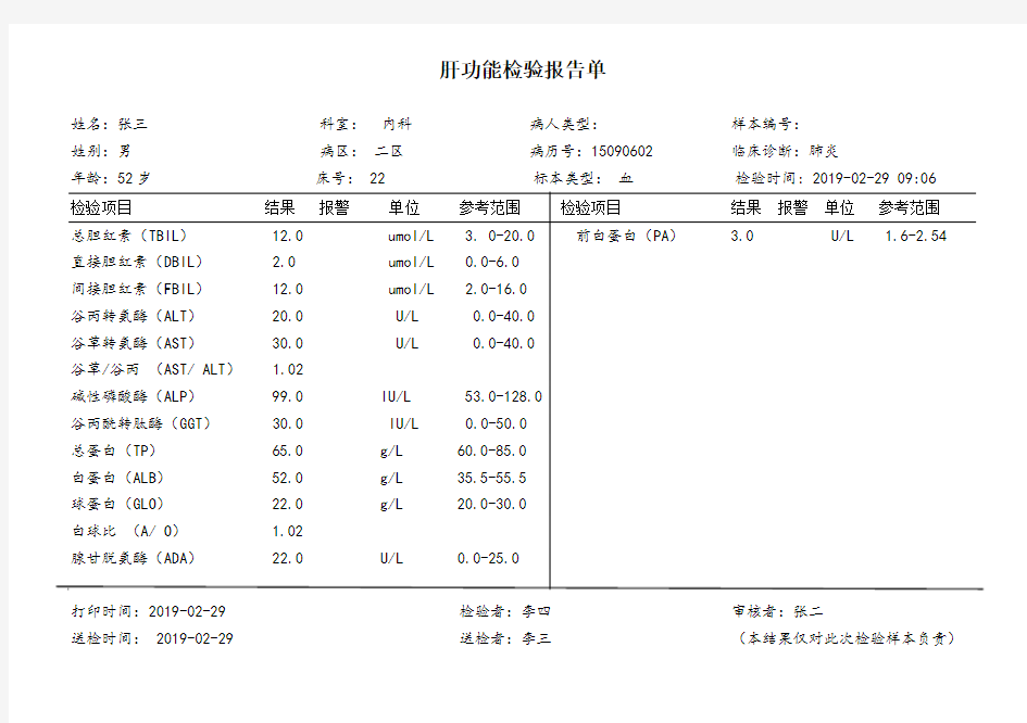 肝功能报告单  模板