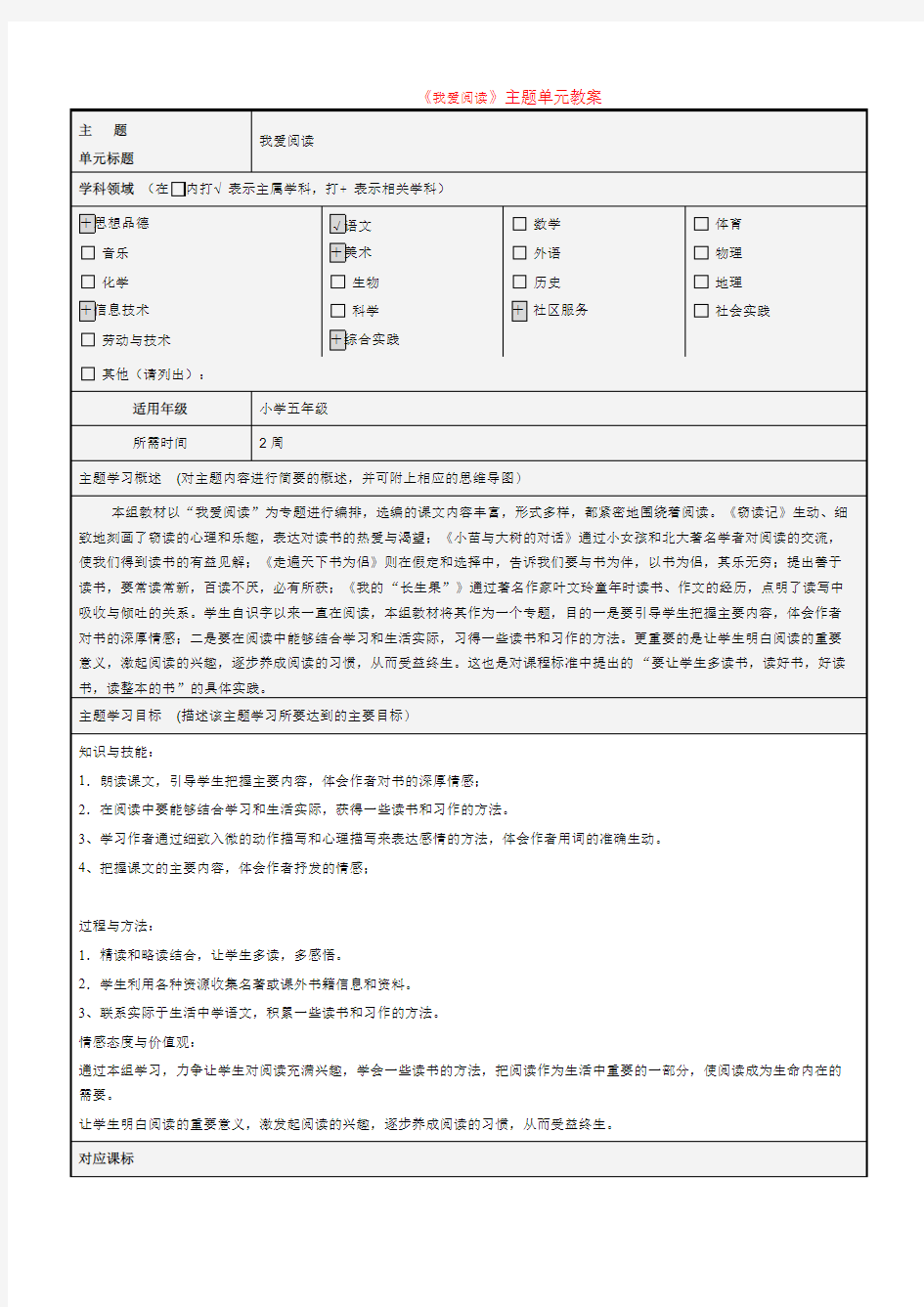 主题单元学习计划