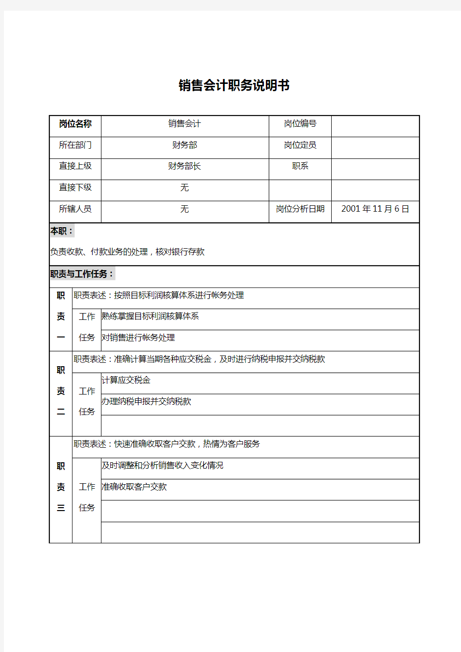 财务部销售会计岗位描述