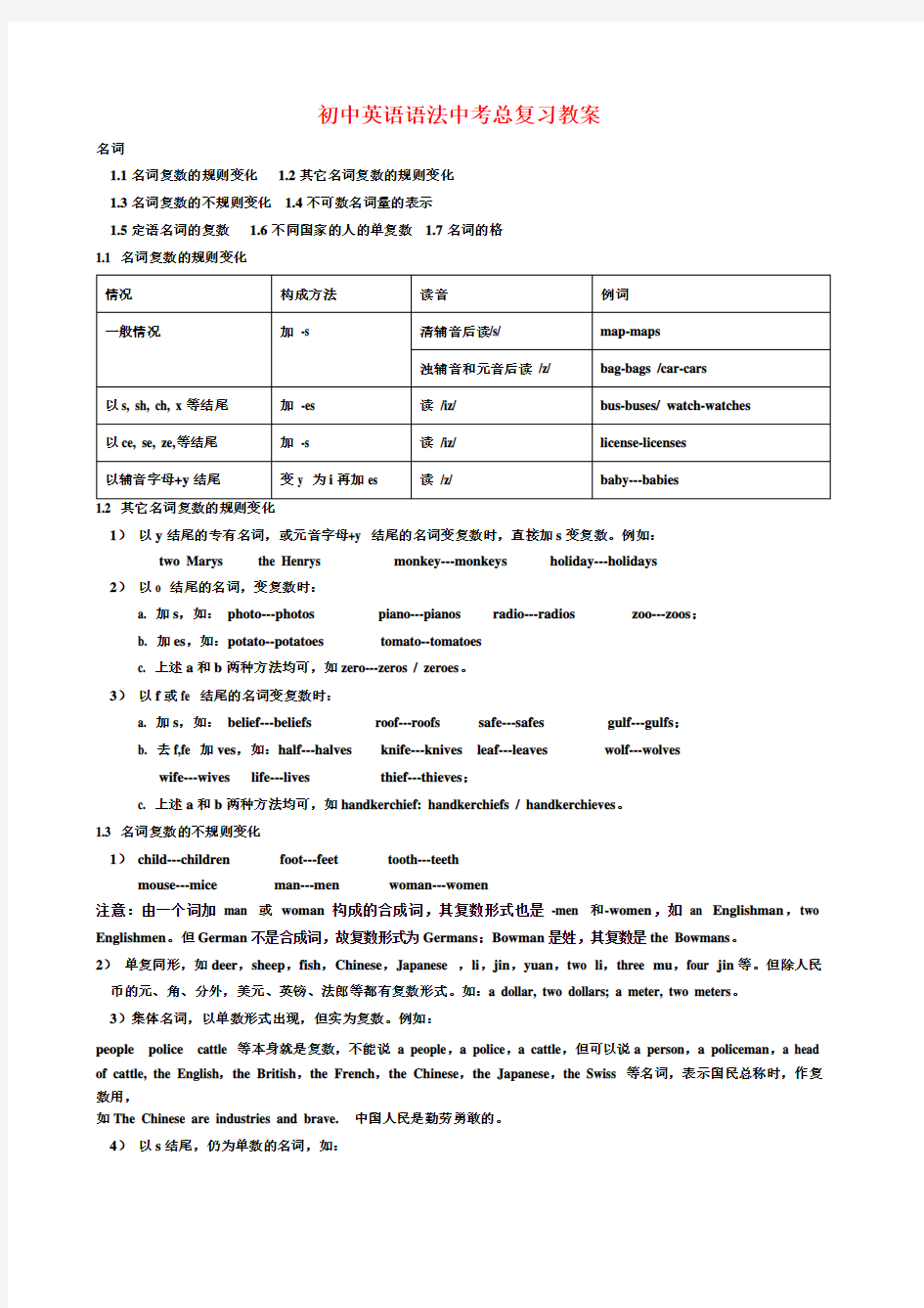 初中英语语法中考总复习教案