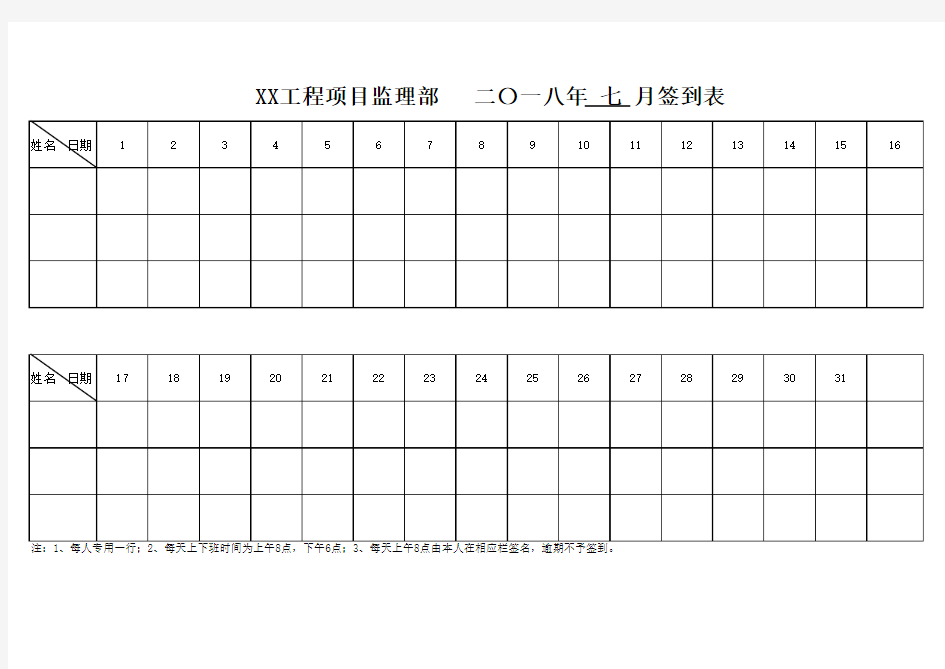 XX工程项目监理部签到表