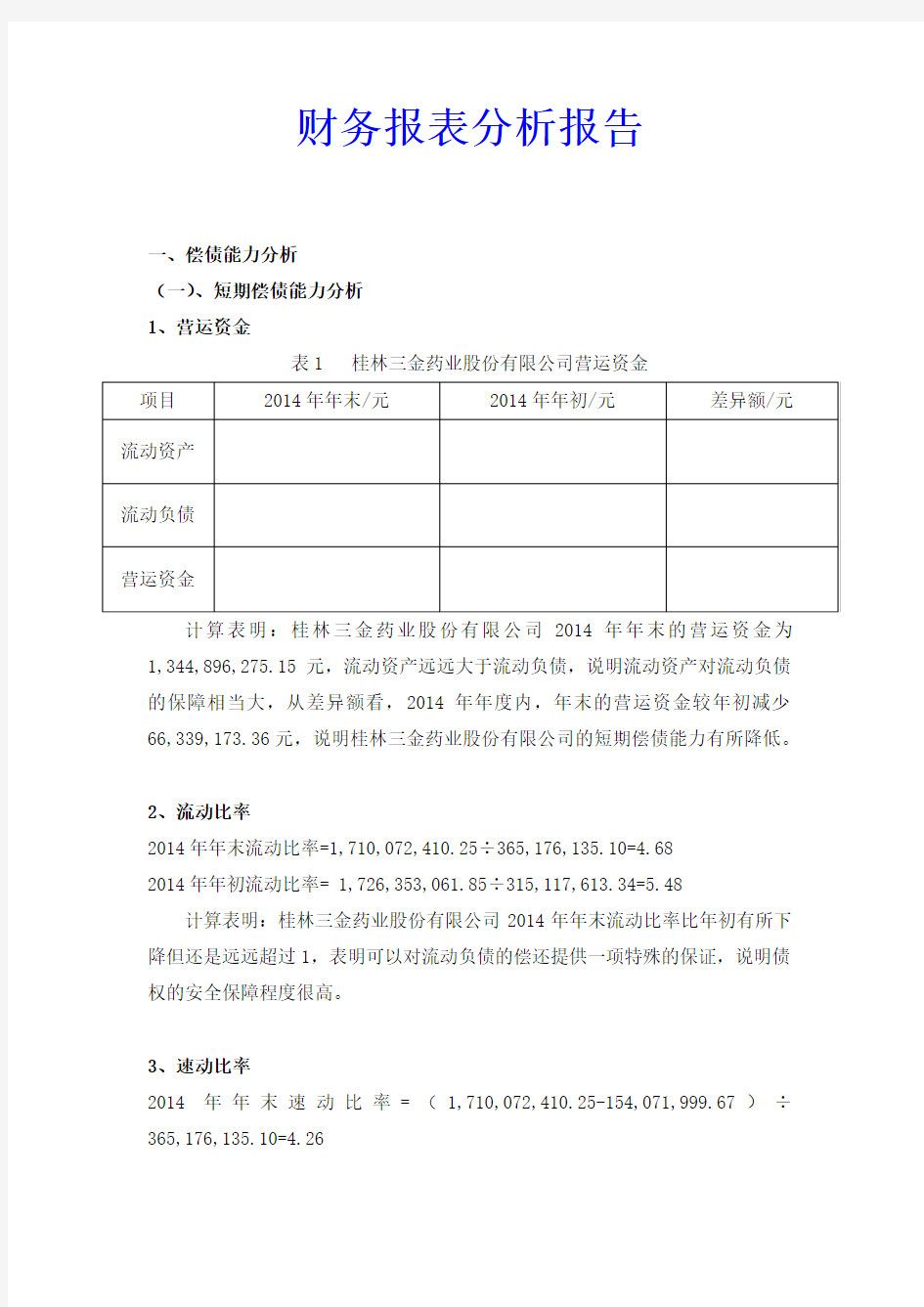 药业股份有限公司财务报表分析报告