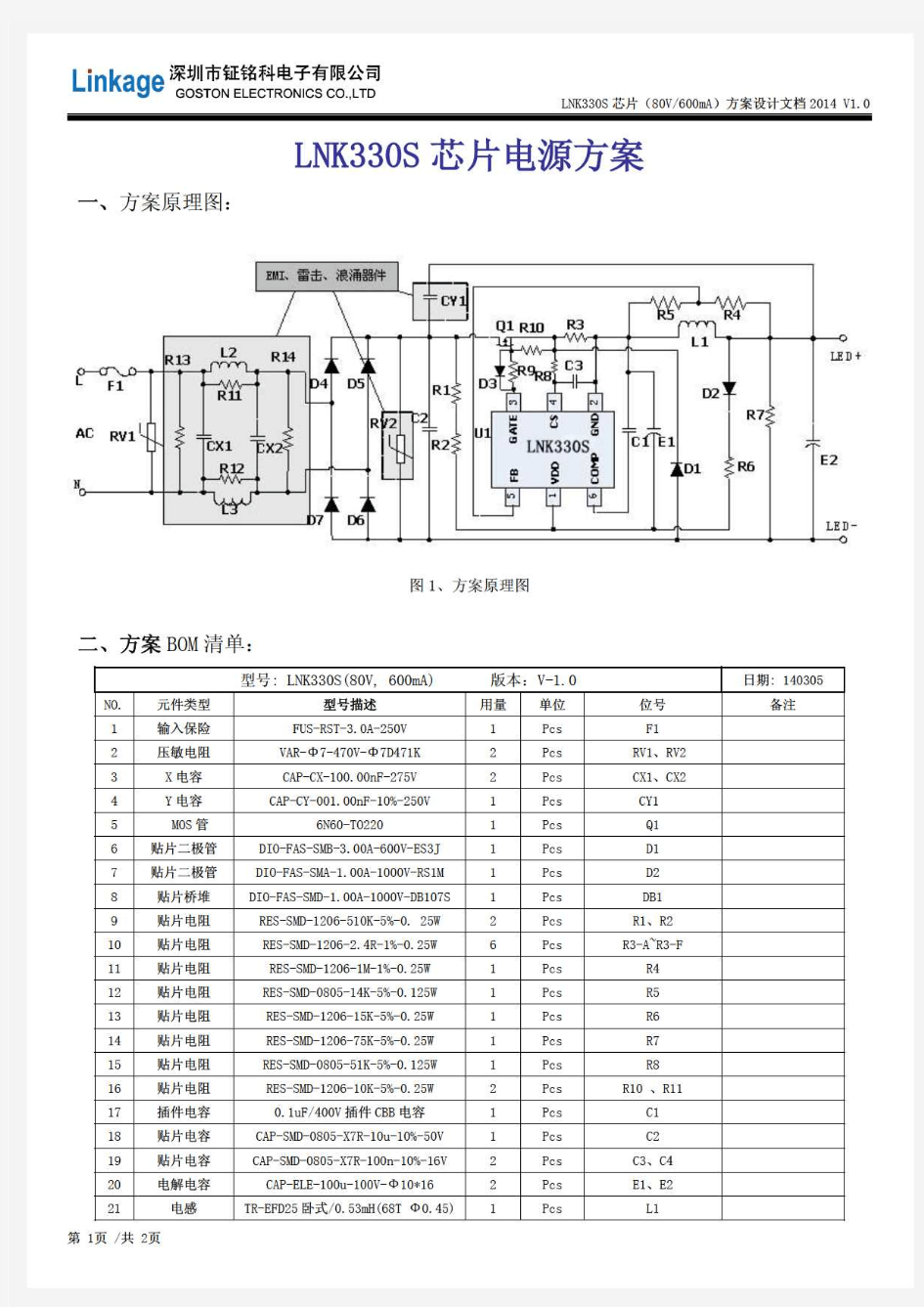 LNK330S降压型LED恒流驱动控制芯片80V600mALED电源方案